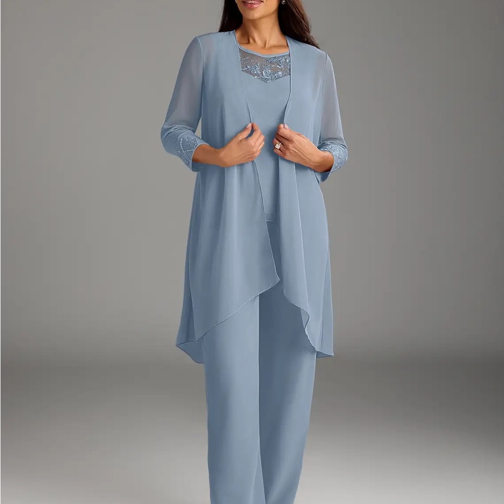 Azazie Blue Flowing Pantsuit with Elegant Jacket